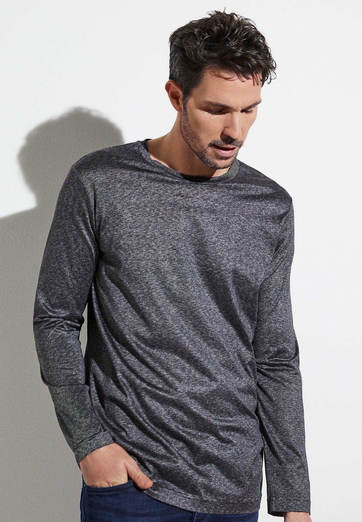 Cotton/Silk Stripes | T-Shirt langarm - black
